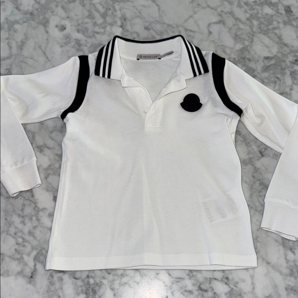 Moncler White and Black Polo Shirt with Sporty Accents 5Y